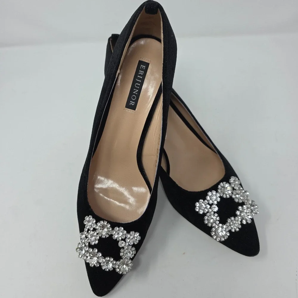 Erijunor Pump Heels Womens 9.5 Black Rhinestone Pointed Toe Kitten Heel RS-2359